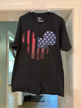 Disney Black Tee with Red & Blue Mickey Flag Graphic